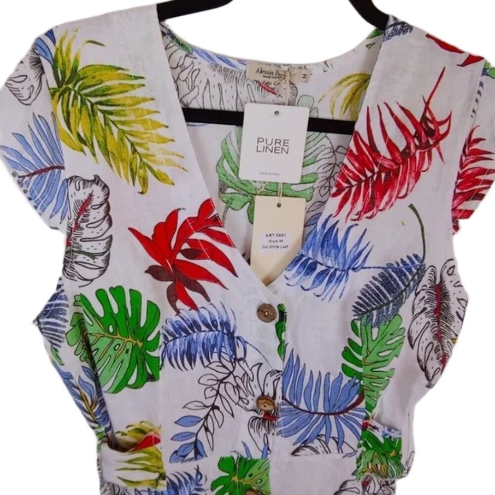 Alessia Pacini Pure Linen V-Neck Shirtdress with Colorful Palm Leaf Print Italy